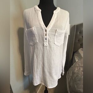 Womens 100% Cotton Tunic Long Sleeve V Neck Gauze Shirt